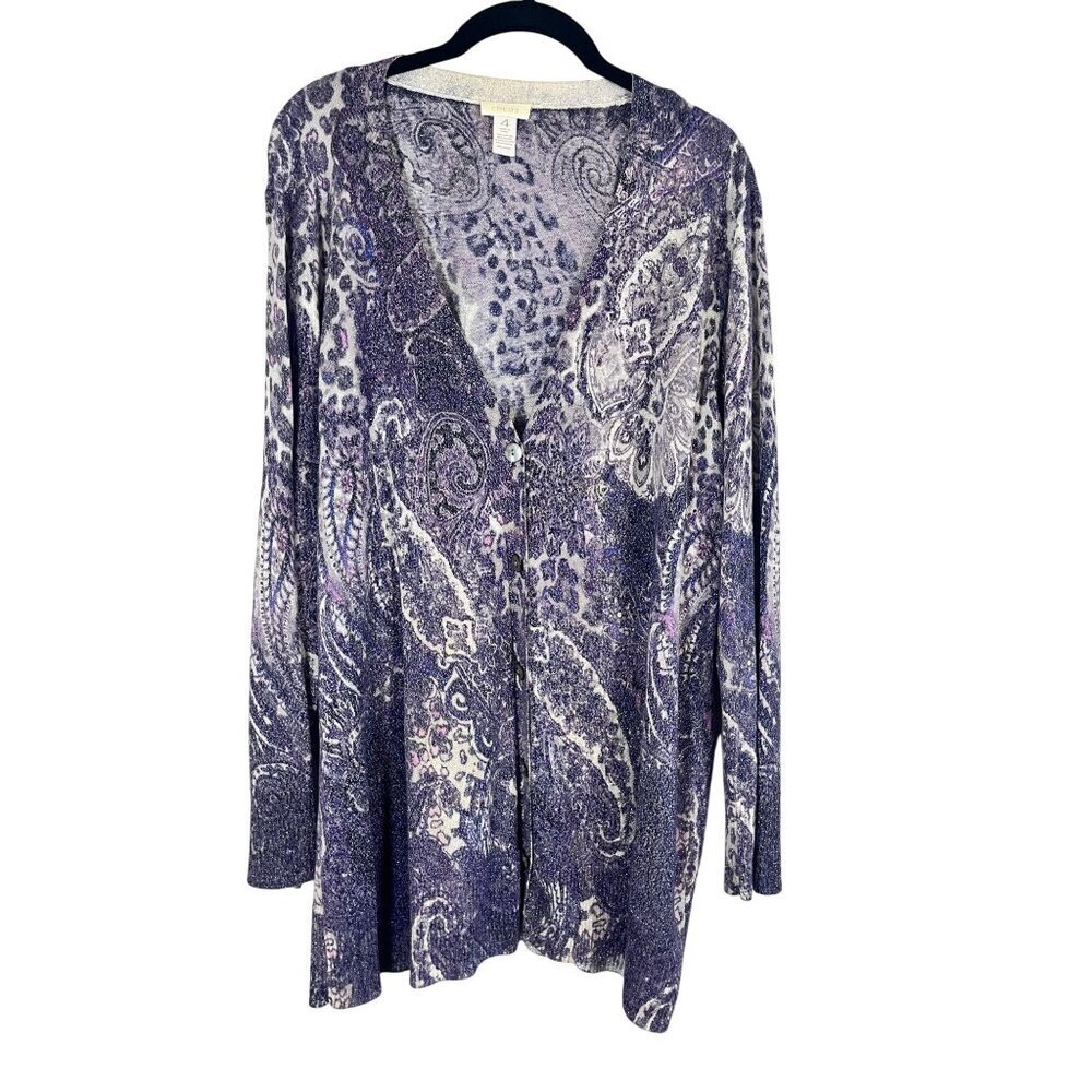 Chicos Floral Metallic Sweater Cardigan Purple 2X Colorful Preppy Classic Chic
